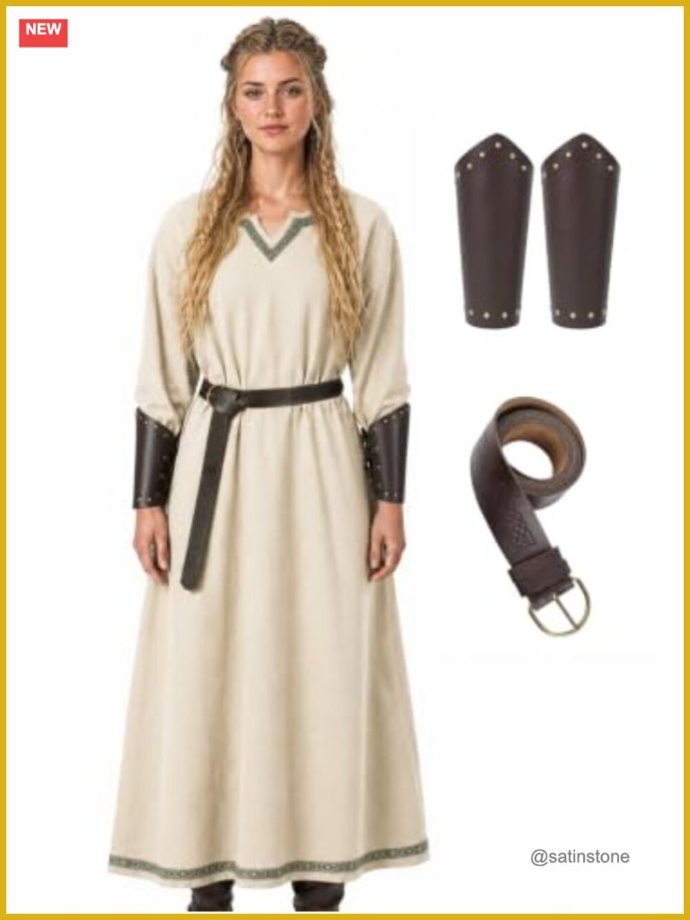 Viking Costume Dress V-Neck Belt Bracers Renaissance Halloween Cosplay